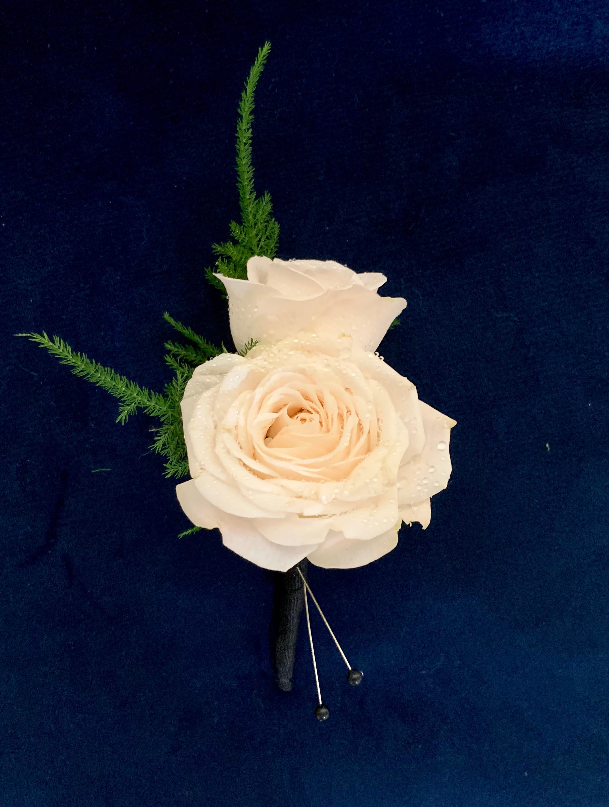 Single cream rose boutonniere with green sprigs on a dark background