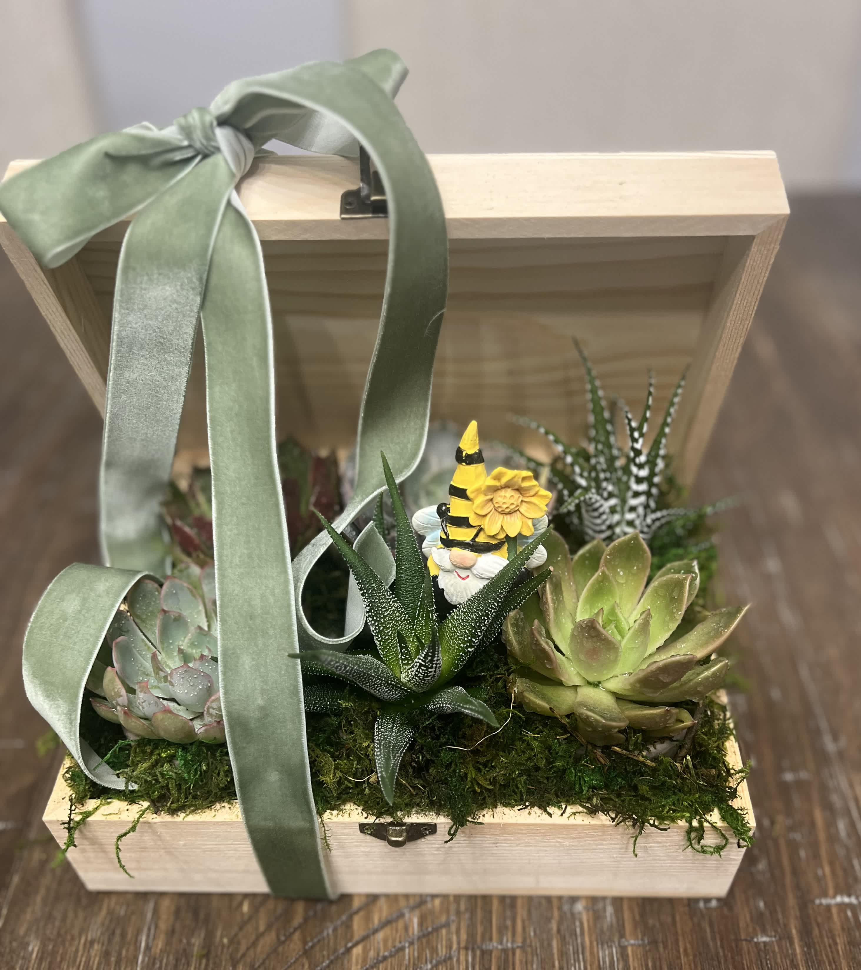 Succulent arrangement in a wooden box with a ribbon and small gnome figurine