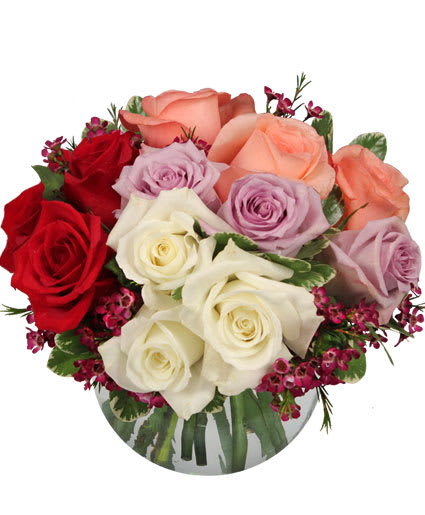 Bouquet of red, peach, lavender, and white roses in a vase