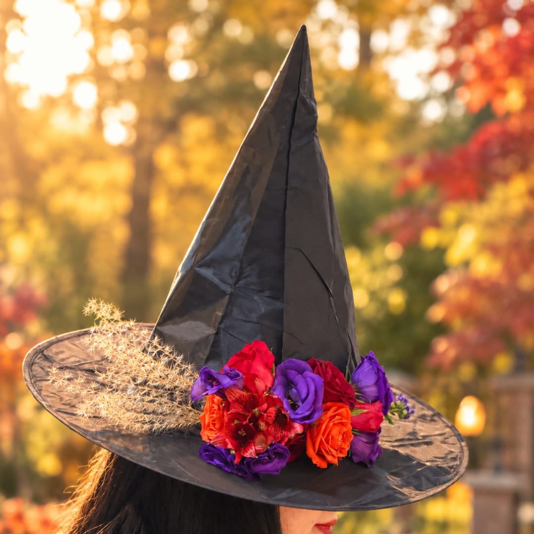 Black witch hat with a colorful flower cluster on the brim