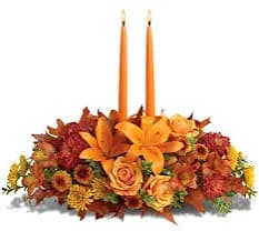 Mums, roses or spray roses, lilies  - Beautiful  fall colored centerpiece for your Thanksgiving Dinner Table  Candles not included
