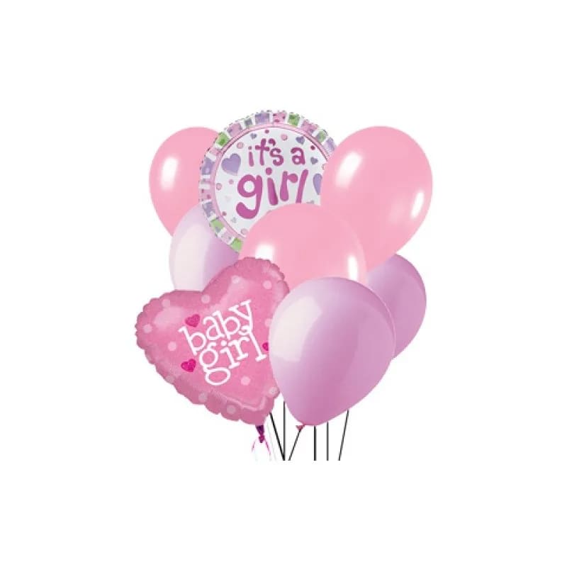 Pink and lavender baby girl balloons with two printed foil balloons