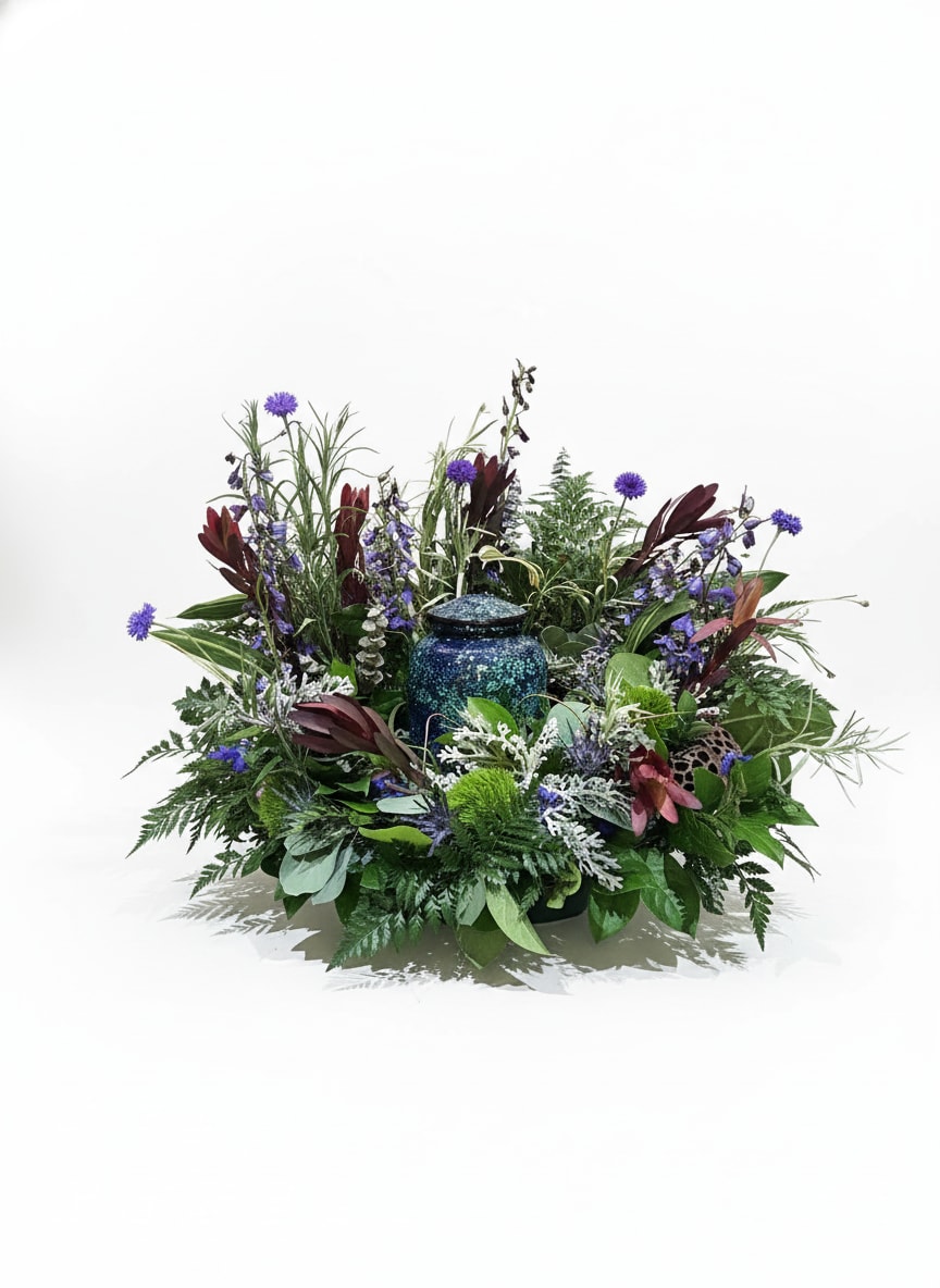 Garden Farewell - Natural-looking wreath of mixed garden blooms and greenery sized to gently surround an urn.