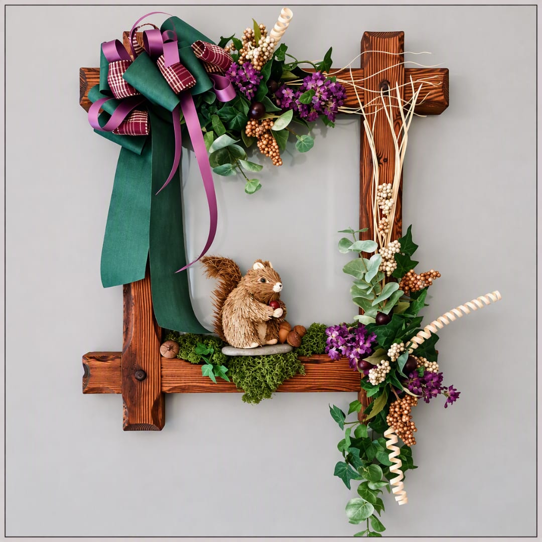 Decorative wooden frame with ribbon, flowers, and a small squirrel figurine