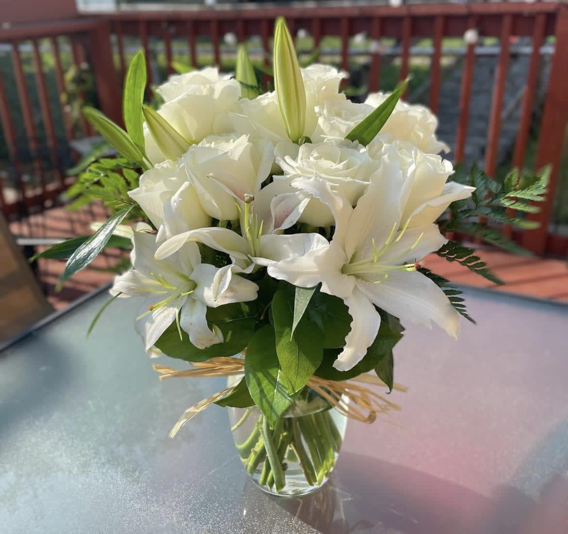 Roses and Lilies  - 1 dozen roses with lilies in a vase 