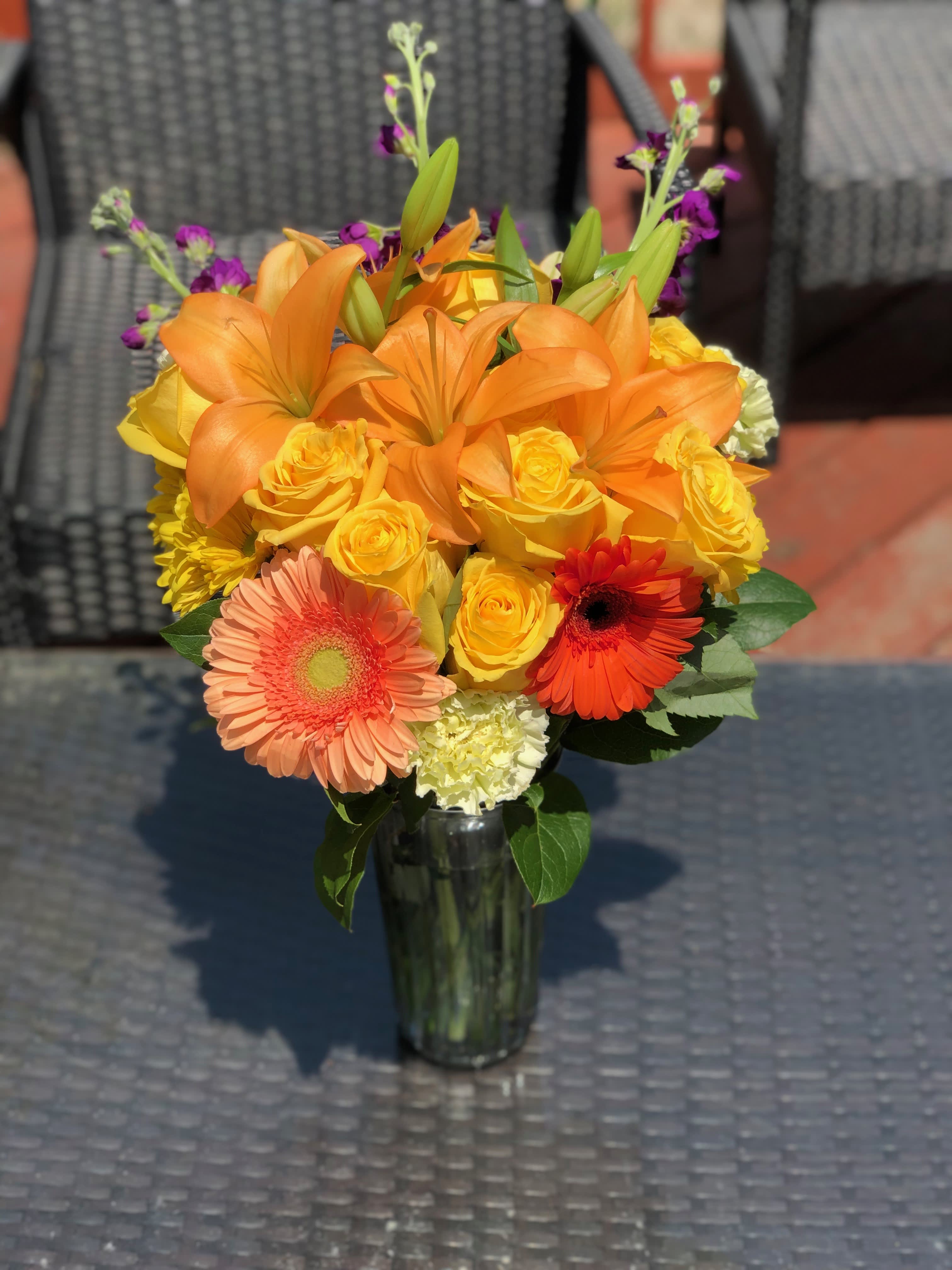 Lilies, Roses and Gerbers  - A mixed arrangement with Gerber daisies, lilies, roses and stocks.