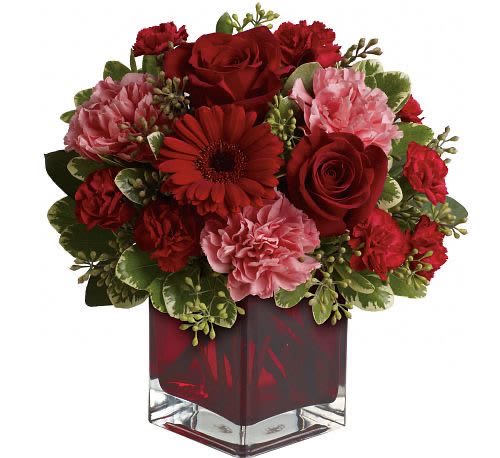 Together Forever Bouquet - Cubed shaped centerpiece filled with red roses, red gerbera daisies, pink carnations and red mini carnations.