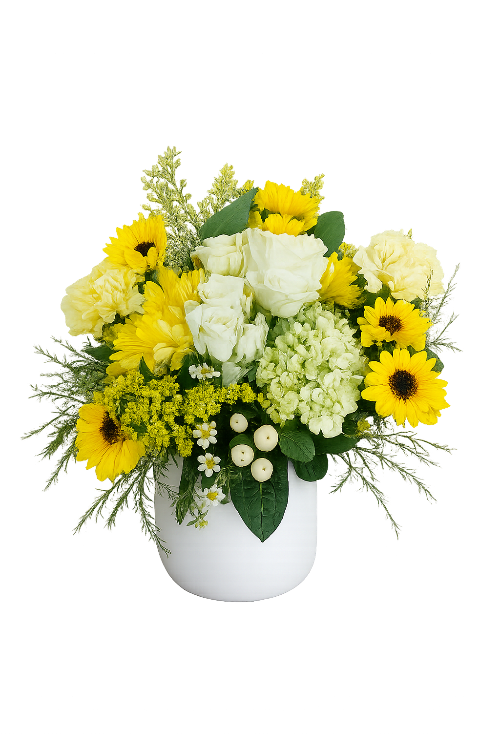 Sunshine Daisy Bouquet - Yellows and white flowers arranged in white ceramic