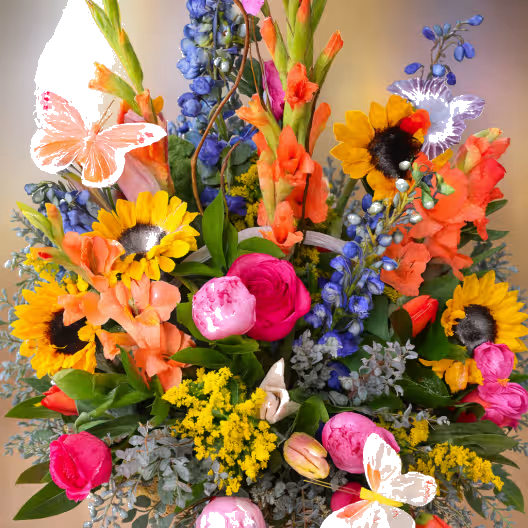Whimsical Butterfly Garden Basket - Blue delphinium, sunflowers, peonies, roses, tulips, glads, lilies, solidago, butterflies and assorted greens arranged in a wicker basket