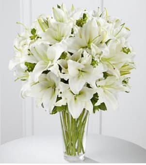 The Spirited Grace™ Lily Bouquet by FTD® - The Spirited Grace™ Lily Bouquet by FTD® offers sweet serenity with every fragrant bloom. Bright white Oriental lilies create a simple, yet sophisticated bouquet, arranged in a sleek clear glass vase sending your wish for happiness and tranquility. BETTER bouquet is approximately 22"H x 16"W. Lilies may arrive in various stages of development. The lily blooms will continue to open, extending arrangement life - and your recipient's enjoyment. Your purchase includes a complimentary personalized gift message.