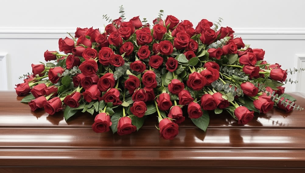 Large red rose casket spray on a wooden casket