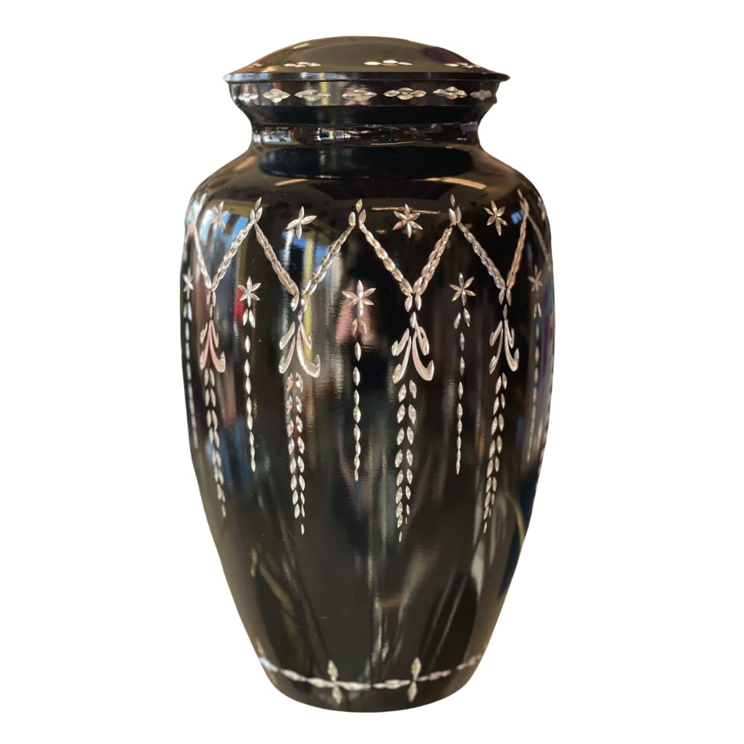 Black decorative urn with silver inlay pattern