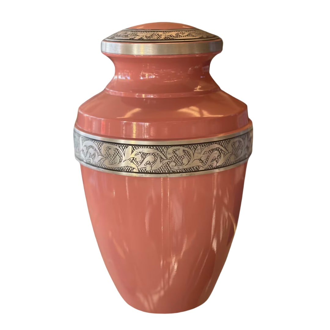 Coral urn with silver decorative bands and lid