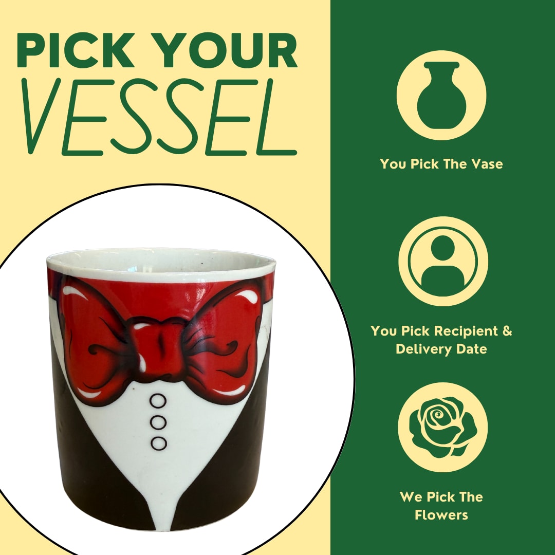 Decorative ceramic vase with a red bowtie tuxedo design