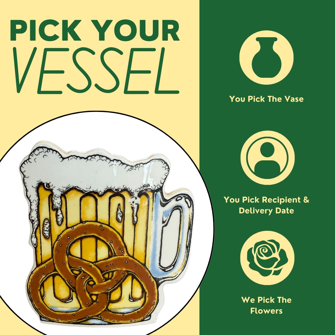 Graphic with a beer mug and pretzels beside text about picking a vase
