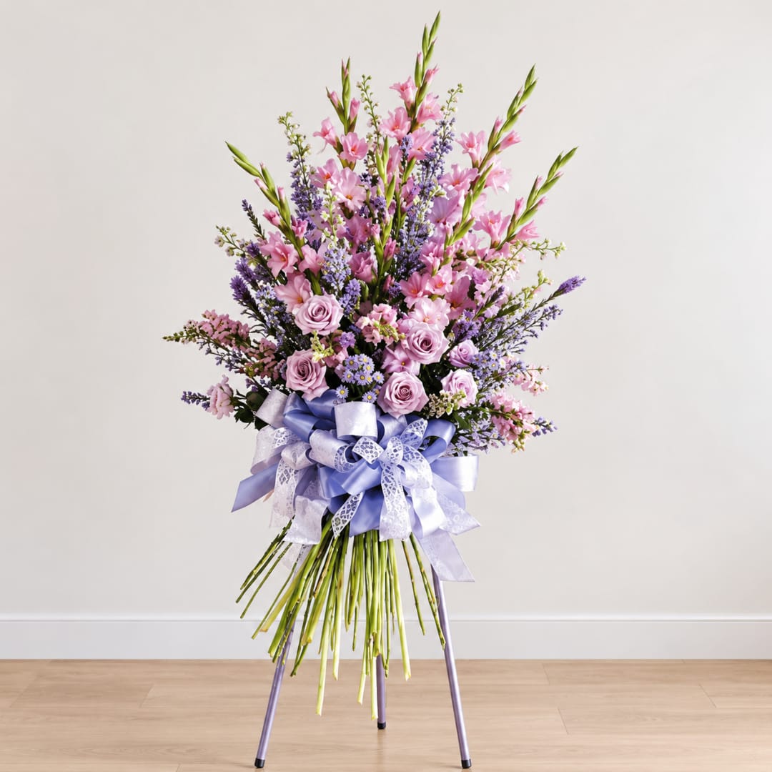 Tall pink and lavender floral arrangement with ribbon on a stand