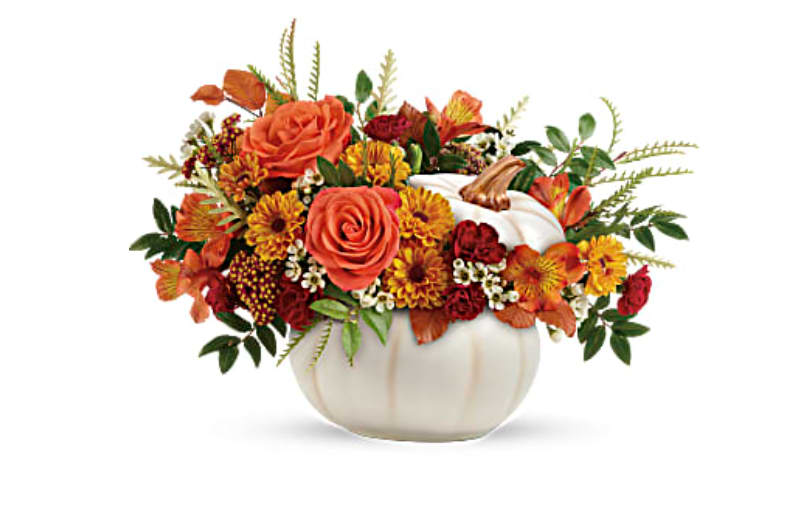 White pumpkin arrangement - Orange roses, orange alstroemeria, miniature maroon carnations, and yellow viking daisy spray chrysanthemums are accented with white waxflower, red cottage yarrow, huckleberry, grevillea, brown copper beech, and yellow preserved oak leaves.