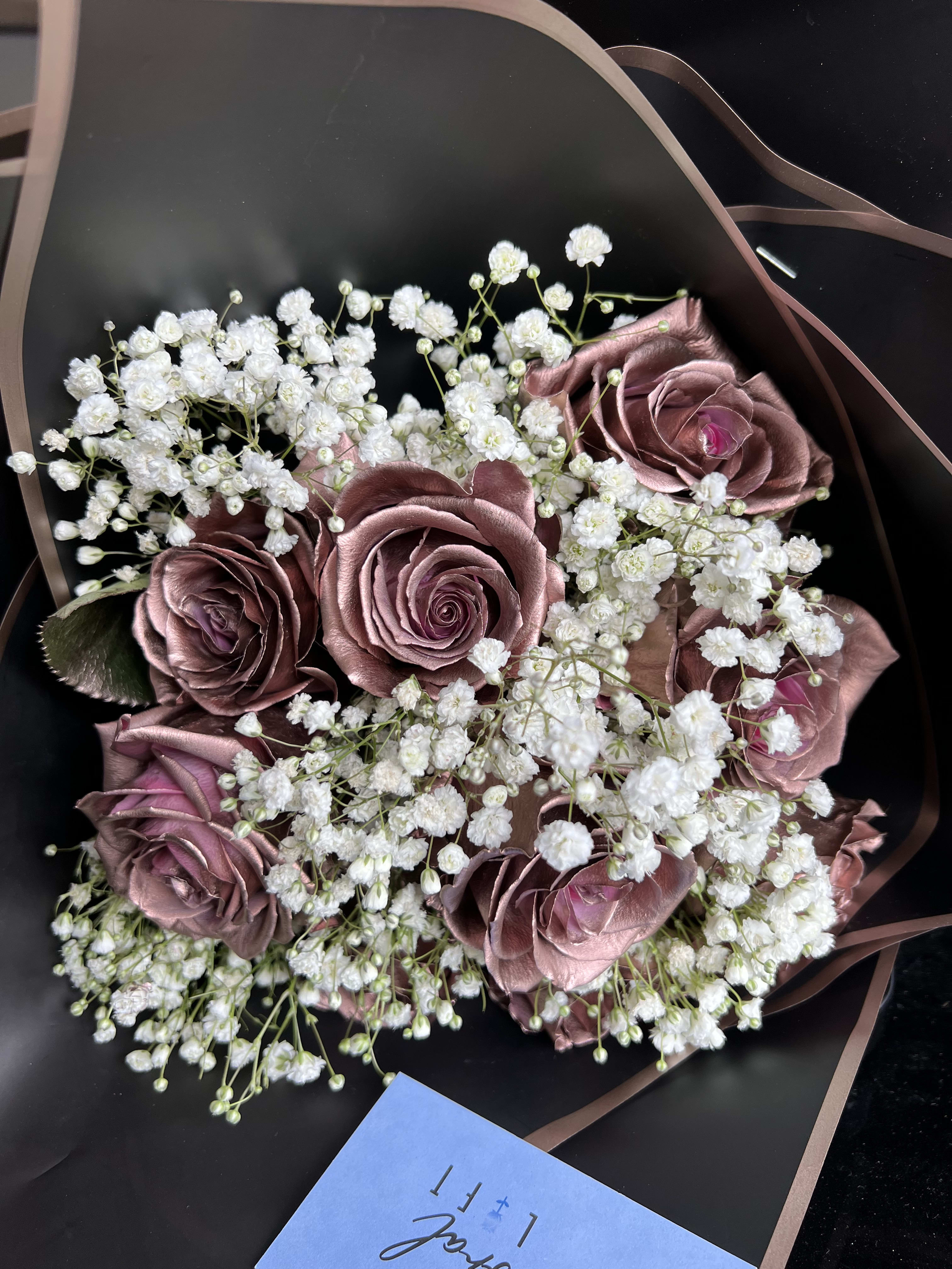 Rose Gold - Rose Gold painted roses with babies breath