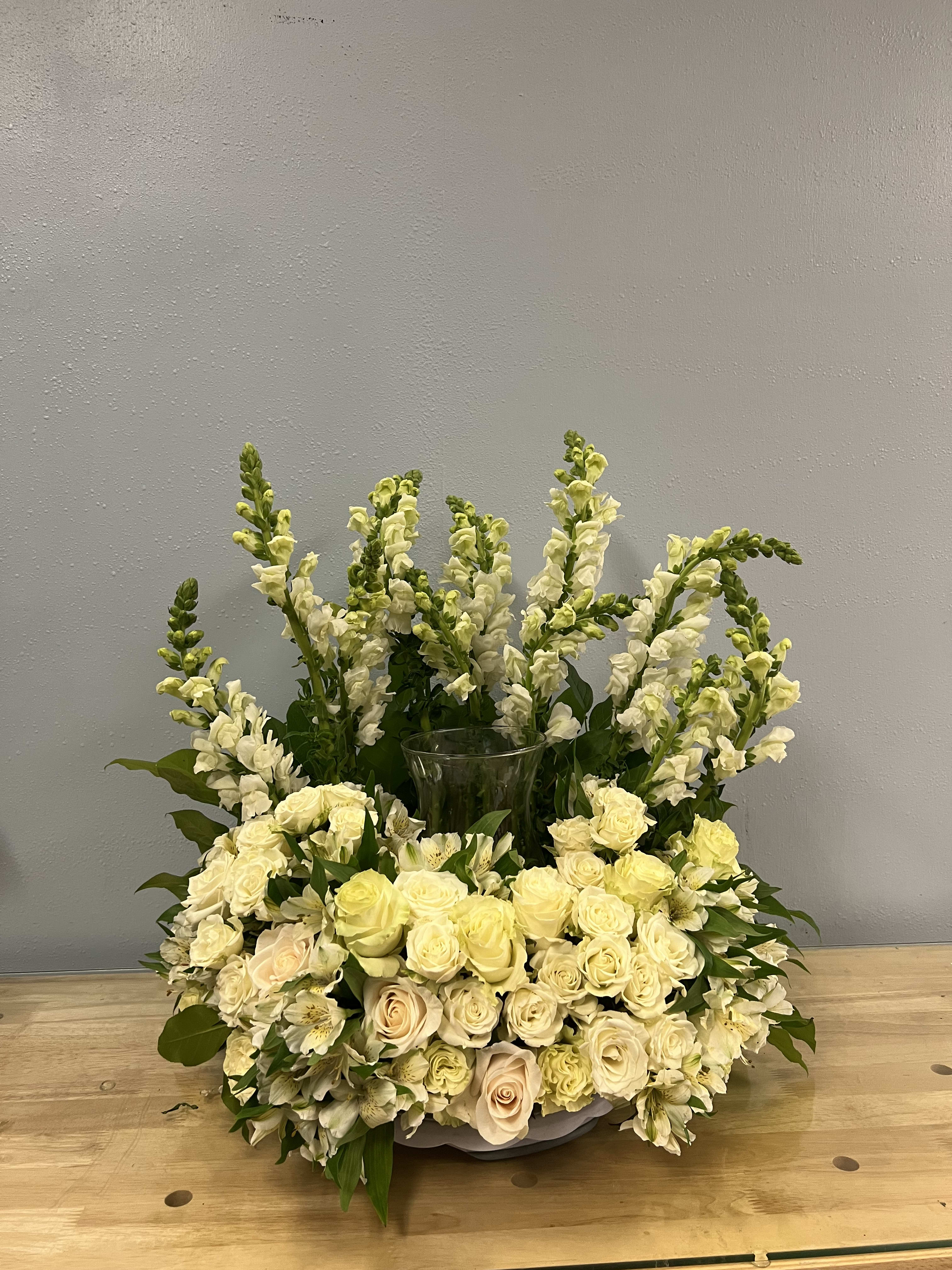 Urn Arrangement - All white roses with greens. 