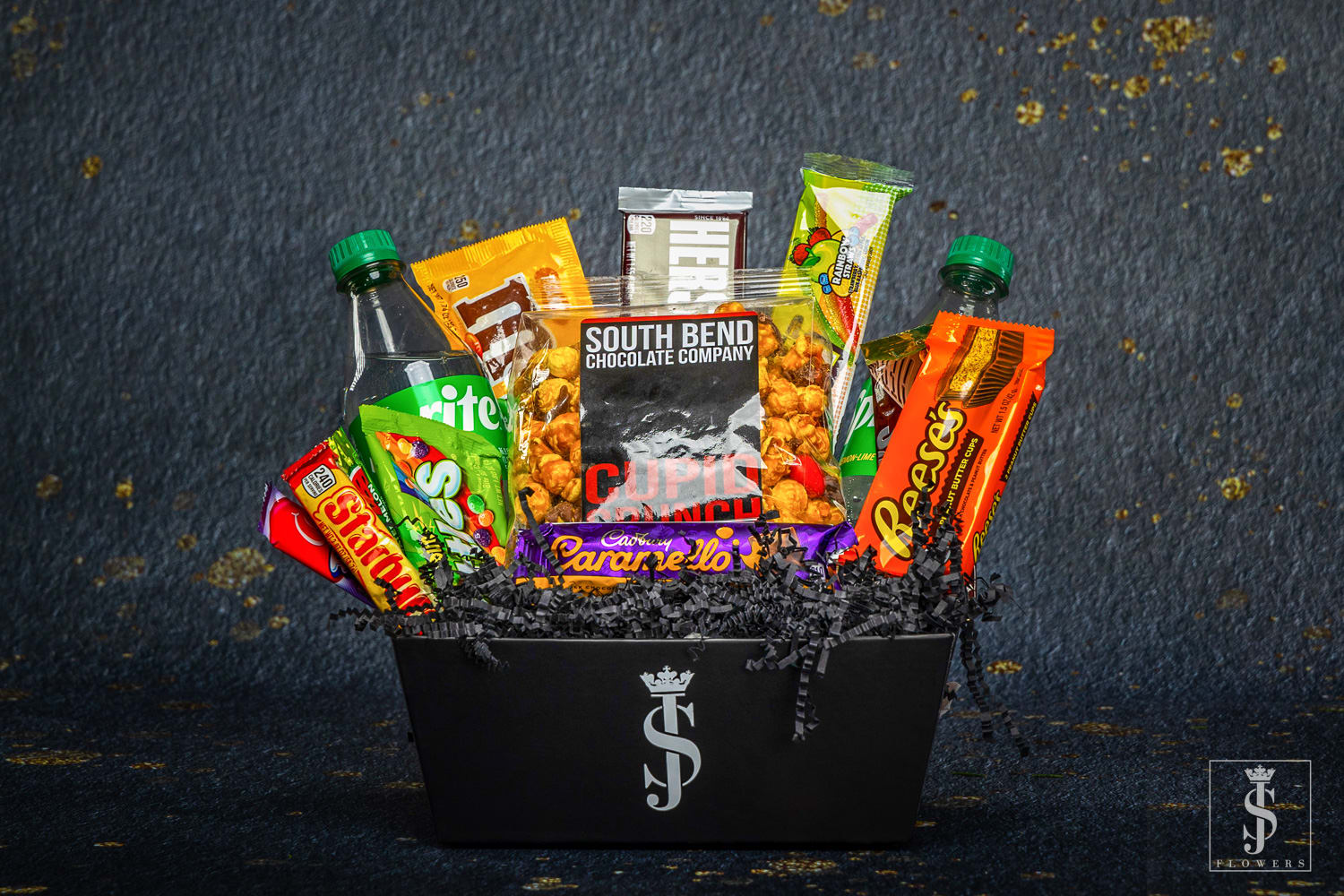 Chocolate and candy gift basket in a black container