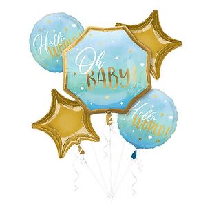 Blue and gold baby shower balloons with "Oh Baby" text