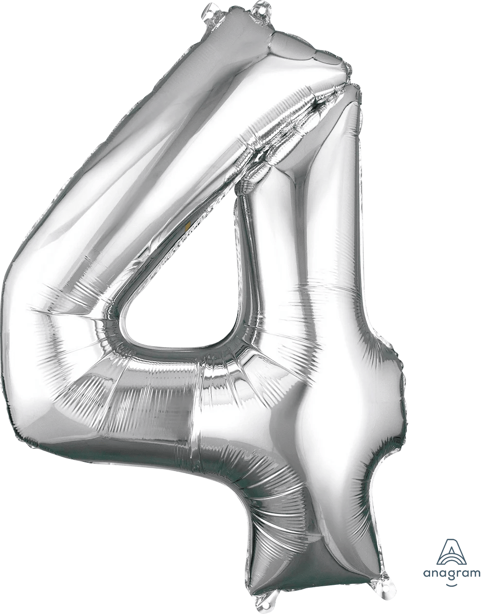 Silver foil balloon shaped like the number 4