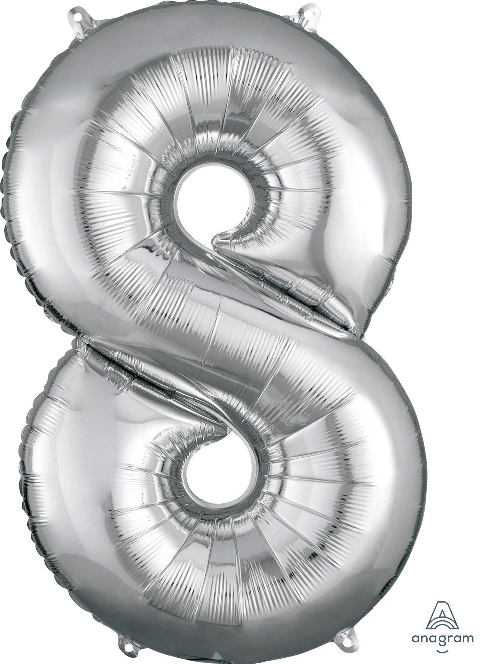 Silver foil balloon shaped like the number 8