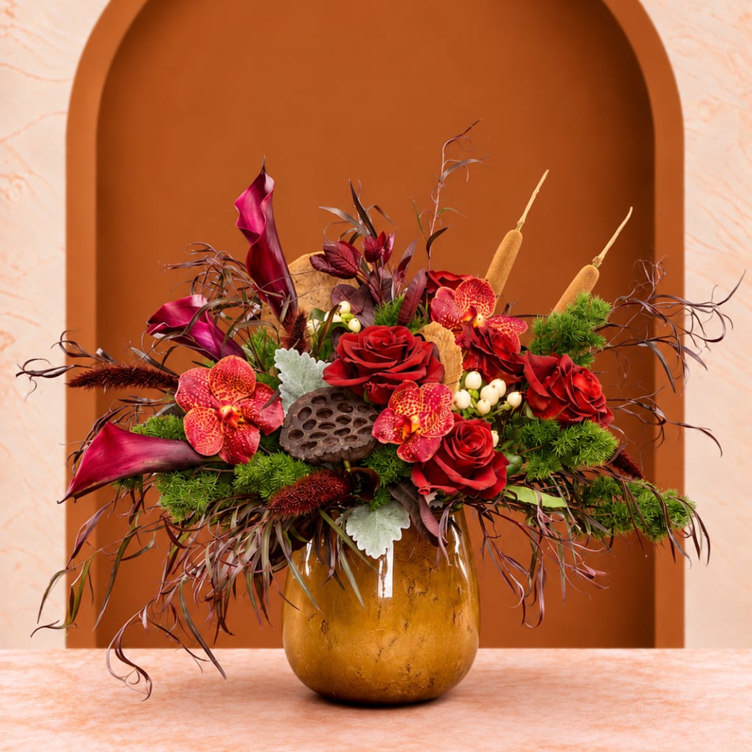 Red roses and orchids arranged in a gold vase