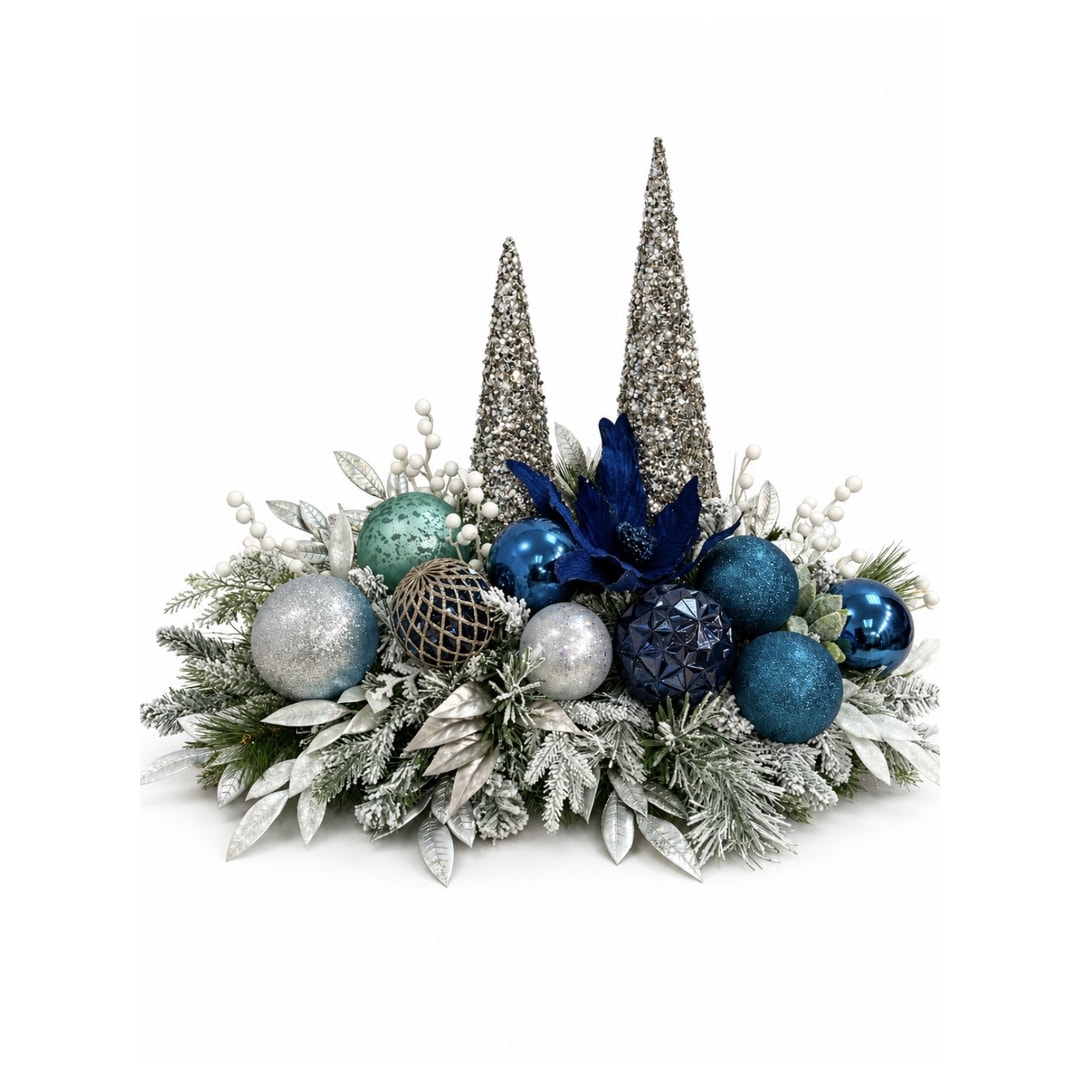 Holiday centerpiece with blue ornaments and silver cone accents