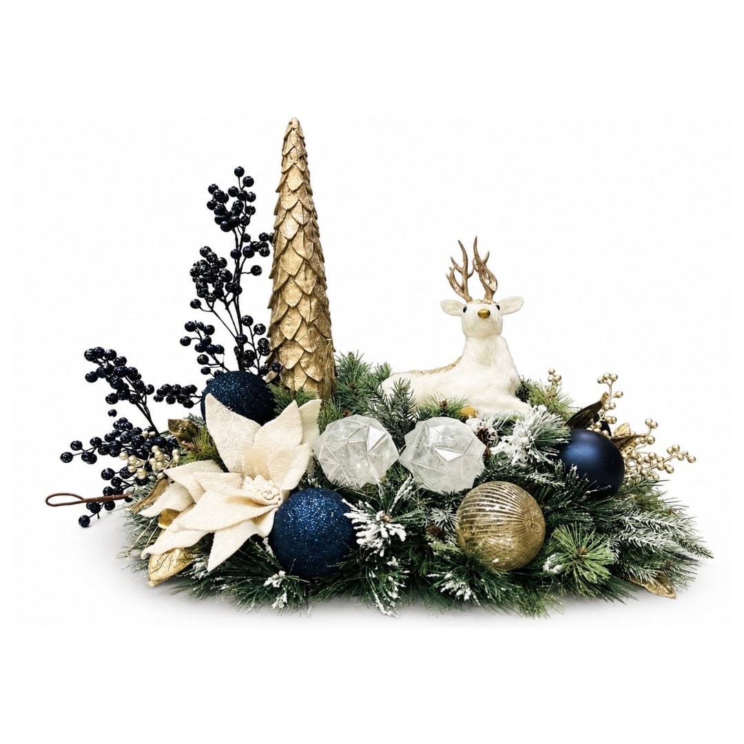 Holiday centerpiece with pine, ornaments, and a small deer figurine