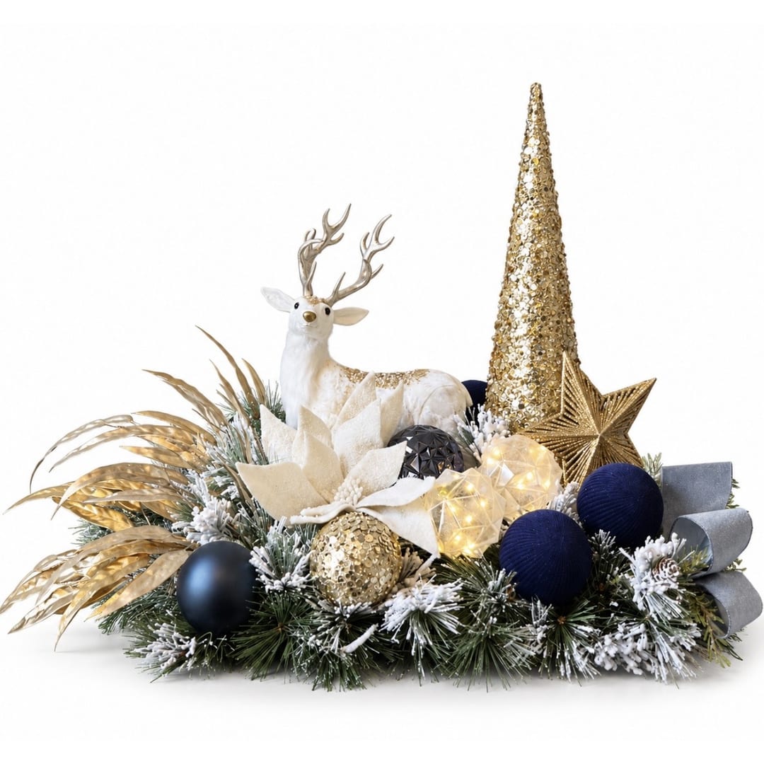 Holiday centerpiece with a white deer, gold cone tree, and ornaments
