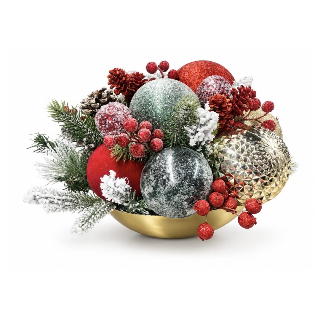 Holiday centerpiece with glittered ornaments and frosted pine in a gold bowl