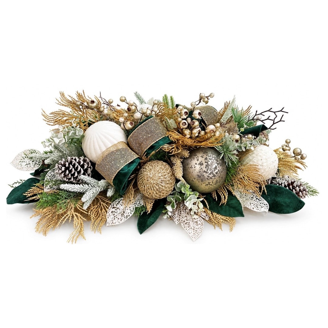 Holiday centerpiece with gold ornaments, pinecones, and greenery