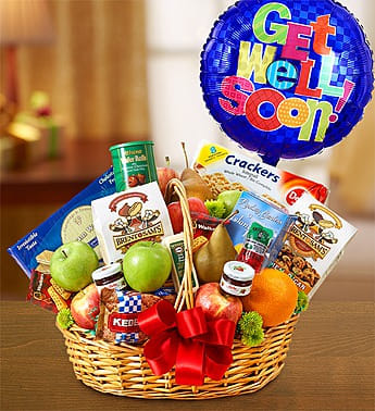 Get Well Gourmet Fruit Basket - With Get Well Balloon  - Product ID: 143186  Sometimes they just need comfort food. Send our florist-selected, hand-packaged basket of fresh fruit and delicious gourmet snacks to lift their spirits! Featuring delicacies such as grapefruit, apples, pears, cookies, crackers, sausage, cheese and more, theyâre guaranteed to be smiling in no time. Hand-packed basket includes a deluxe assortment of orchard-fresh fruit and gourmet snacks, selected by our expert florists and accented with fresh poms Extra-Large gift basket measures approximately 21"H x 15"W Large gift basket measures approximately 18"H x 12"W Medium gift basket measures approximately 13"H x 12"W Small gift basket measures approximately 12"H x 11"W Fruit and snack assortment, floral and basket may vary due to local availability