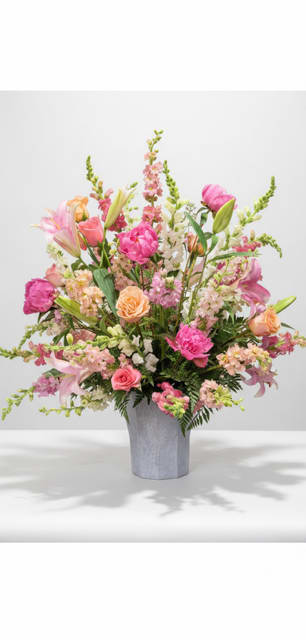 Rosie  - Rosie is our fun garden inspired design! Soft colored roses and pops of colors in the  selection giving that perfect girly glow. SIZE SHOWN IS PREMIUM. Same colors and vibe will be in any size you order. Standard and Deluxe designed in a glass cylinder 