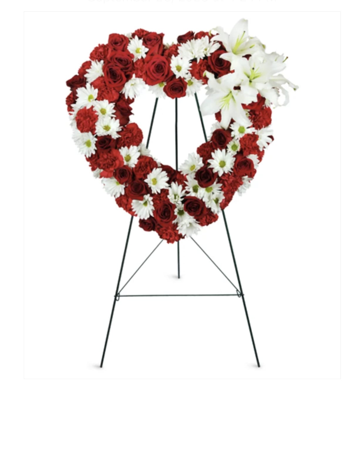 Heart-shaped standing floral wreath with red roses and white daisies