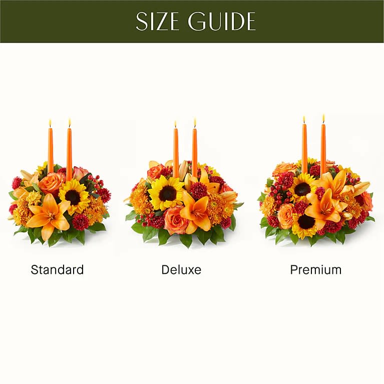 Three autumn floral centerpieces with orange candles labeled standard, deluxe, and premium.