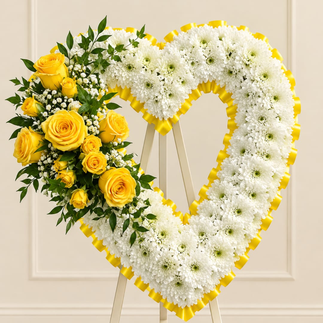 Heart-shaped floral wreath with white chrysanthemums and yellow roses on an easel
