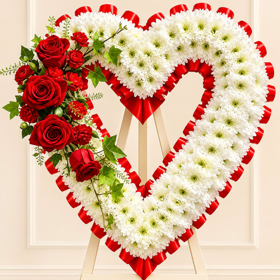Heart-shaped floral wreath with red roses and white chrysanthemums on an easel