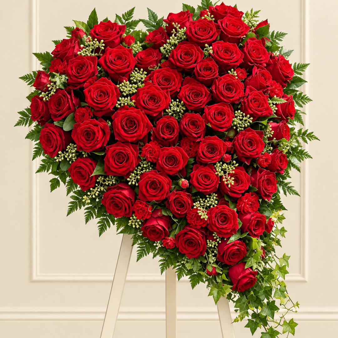 Heart-shaped arrangement of red roses on a stand