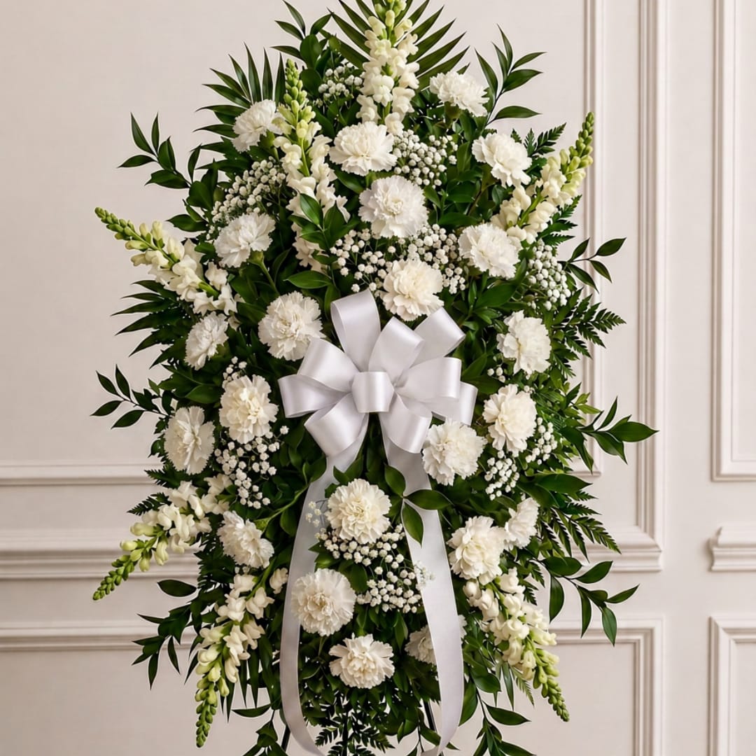 White floral standing spray with a large satin bow