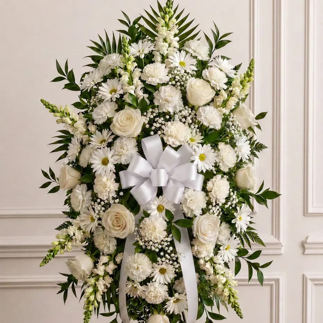 White floral wreath with roses, daisies, and a white ribbon bow