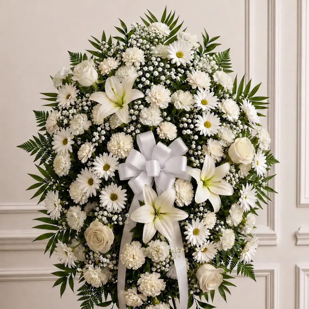 White floral funeral wreath with lilies, daisies, and roses and a white ribbon bow