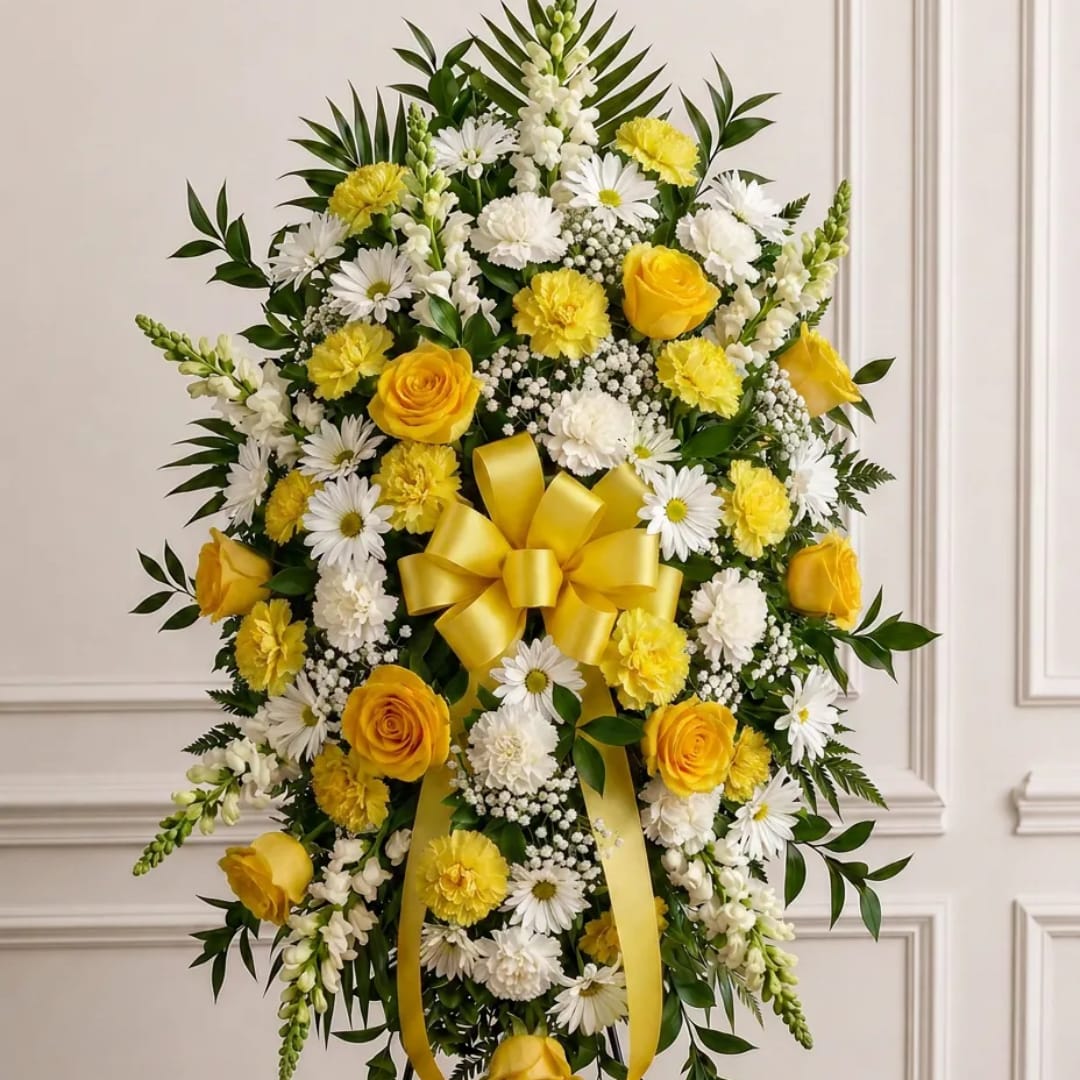 Yellow and white floral standing spray with a large yellow ribbon bow