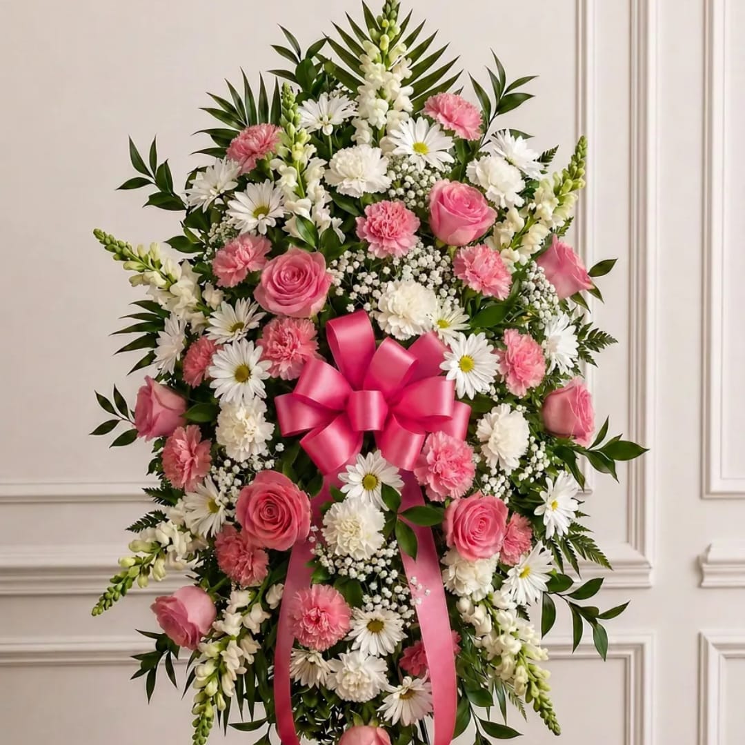 Pink and white floral standing spray with a large pink ribbon bow