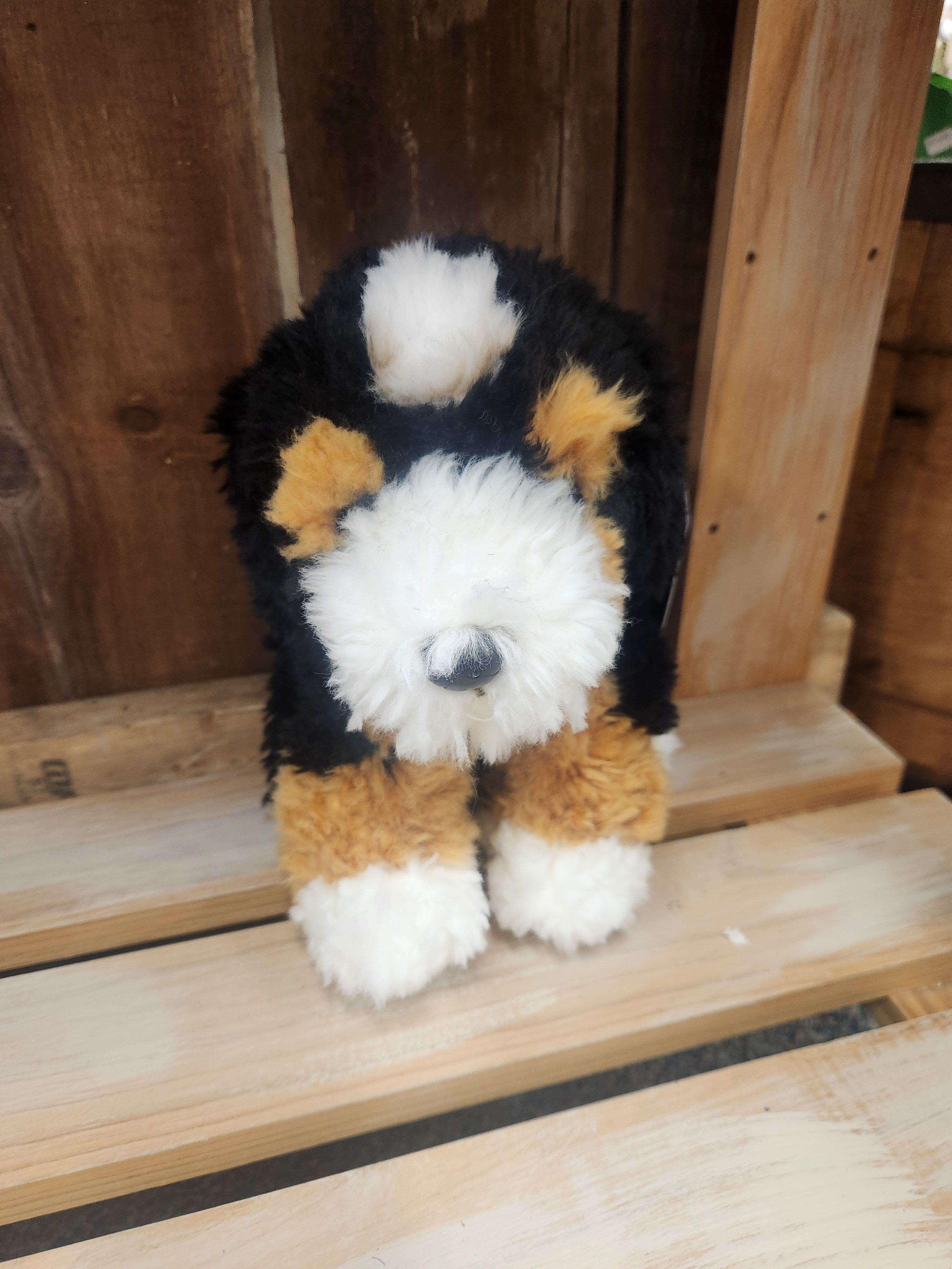 Fluffy tricolor stuffed dog sitting on wooden steps