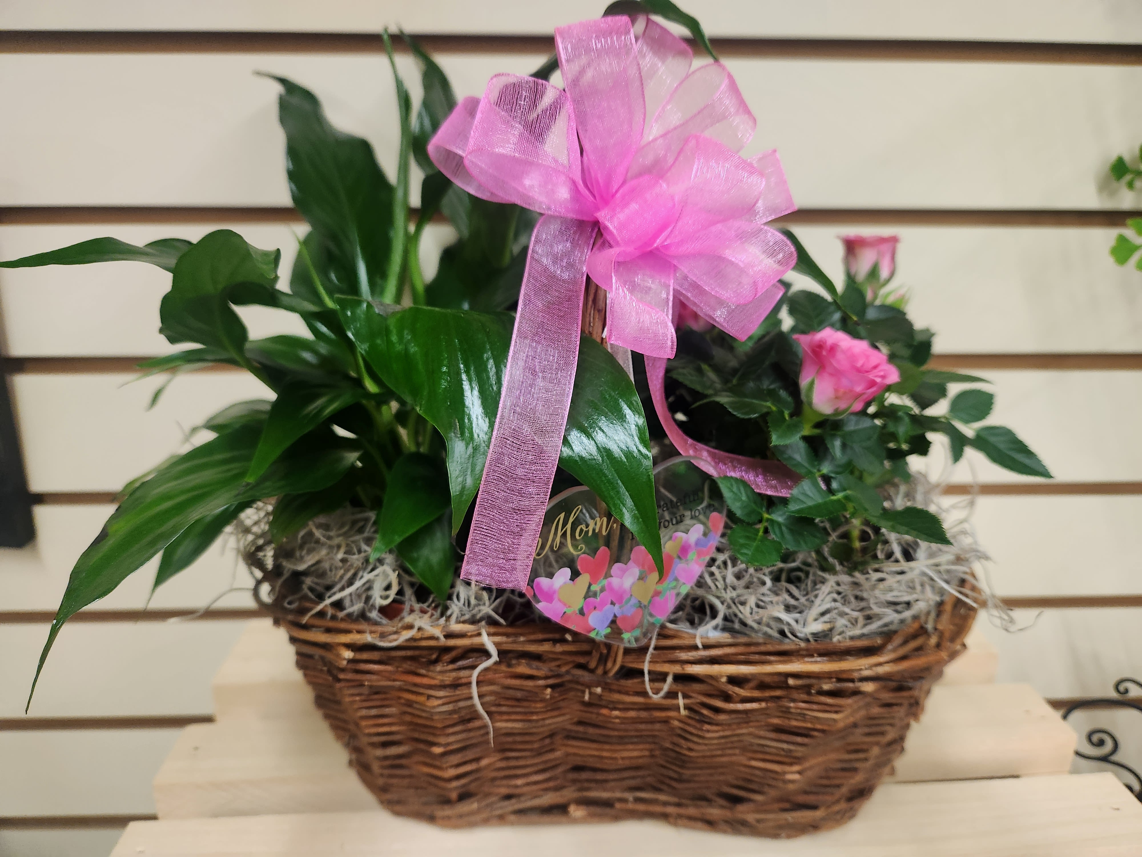 Pink roses and a green plant in a wicker basket with a pink bow