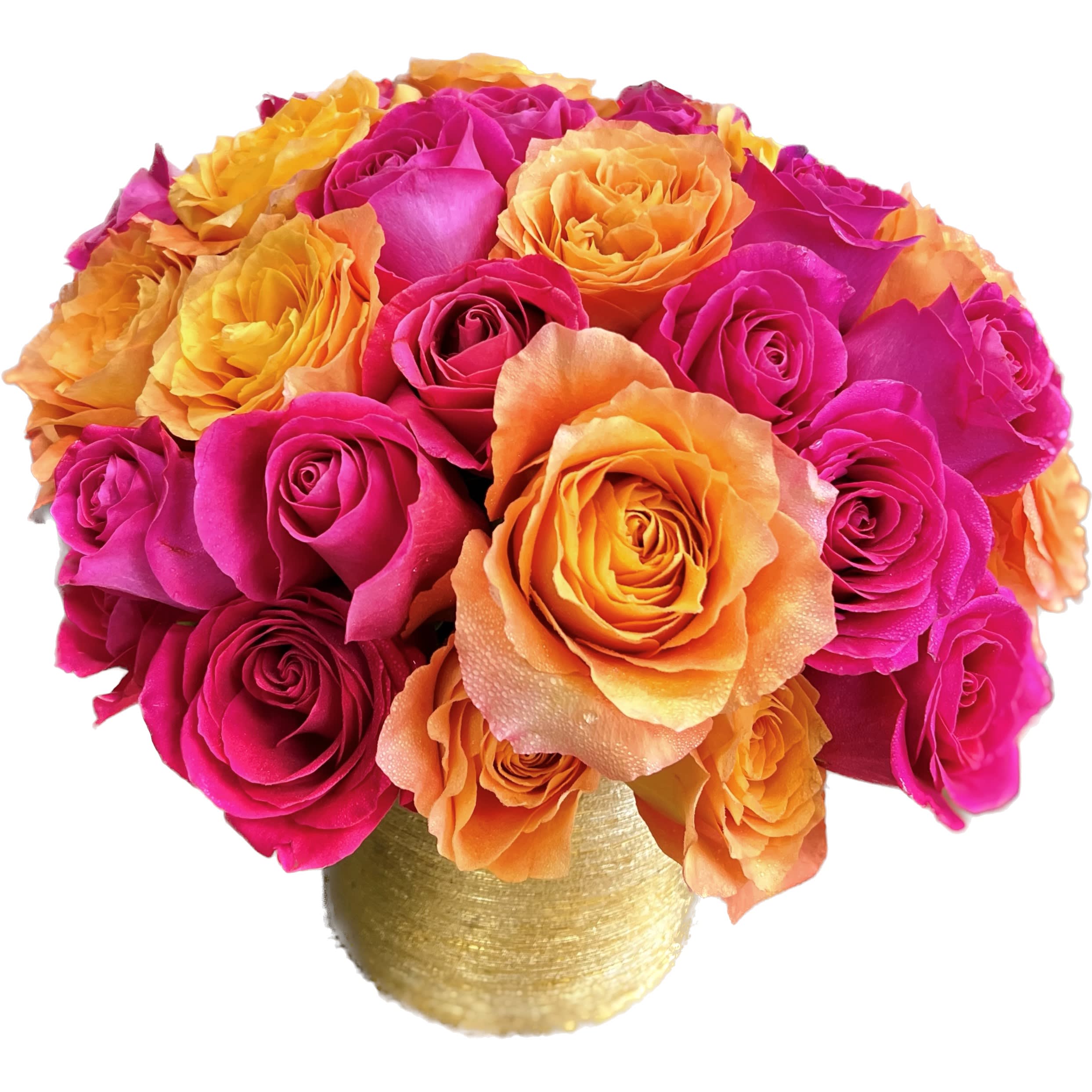 Bouquet of pink and orange roses in a gold vase
