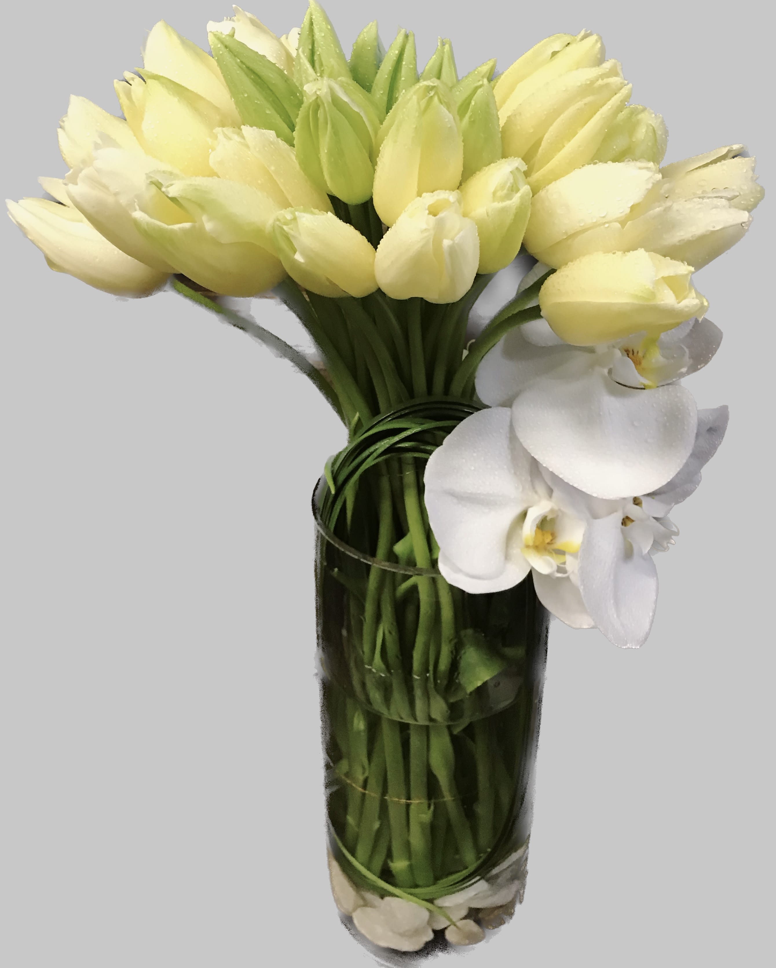 Yellow tulips and white orchids arranged in a tall glass vase