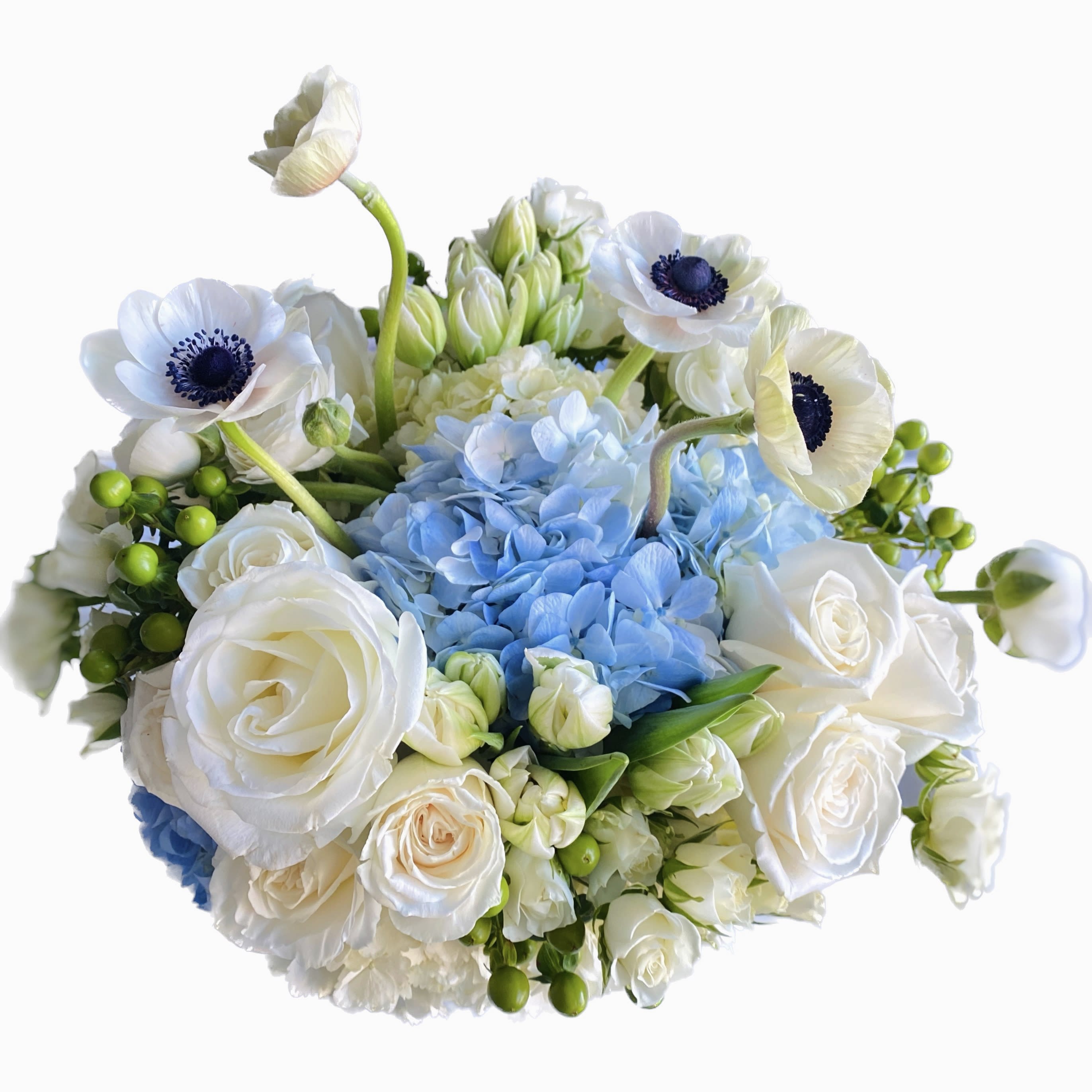 White and blue bouquet with roses, hydrangea, and anemones